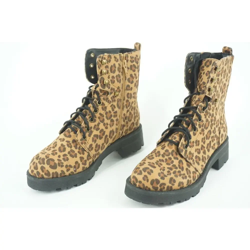 Mia Miki Combat Leopard Print Lug Ankle Boots Size 6.5 Zip Lace Up Brown